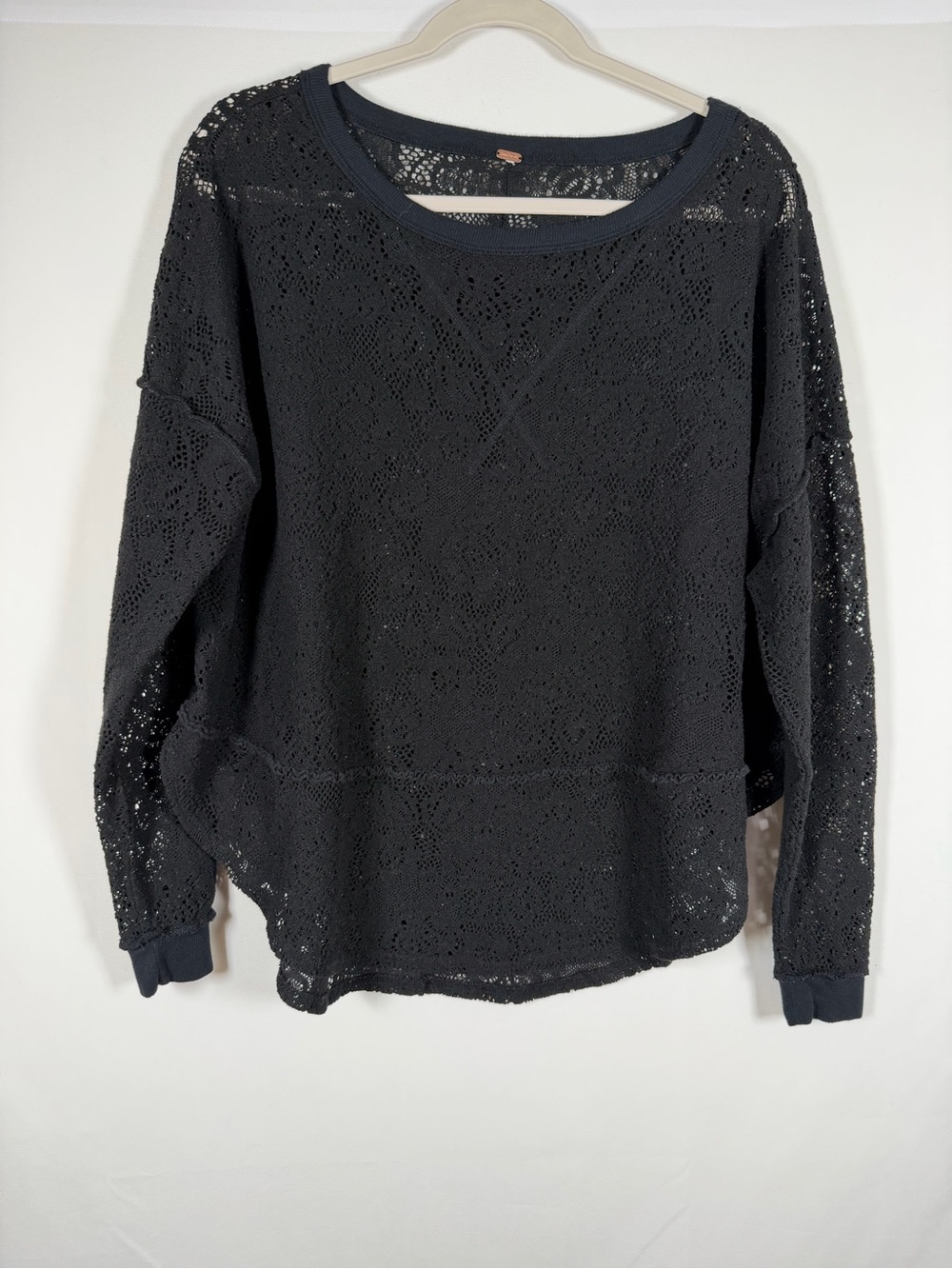 Free People Black Crochet Lace Pullover Sweatshirt Dark Boho, Whimsigoth